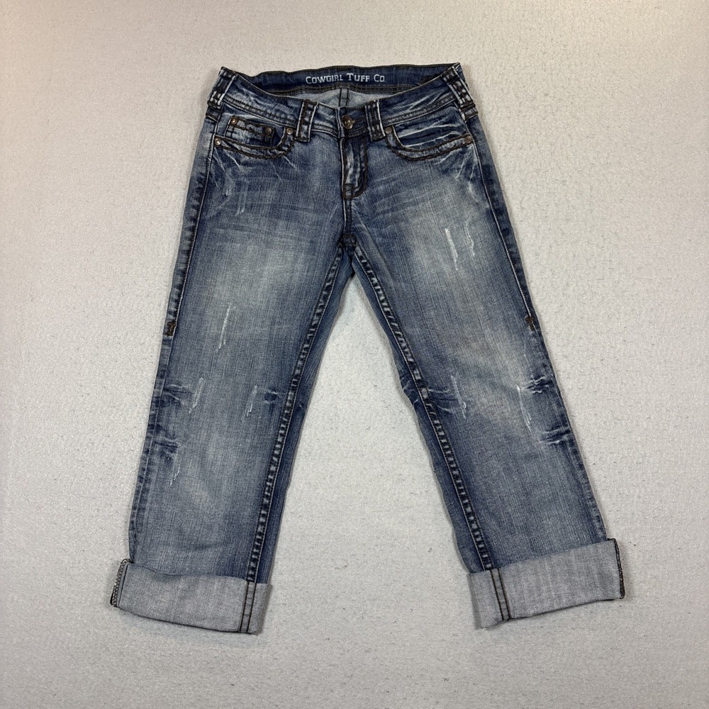 Cowgirl Tuff Cuffed Capri Distressed Jeans Flap Pocket Embroidered Women 25 - Picture 2 of 9